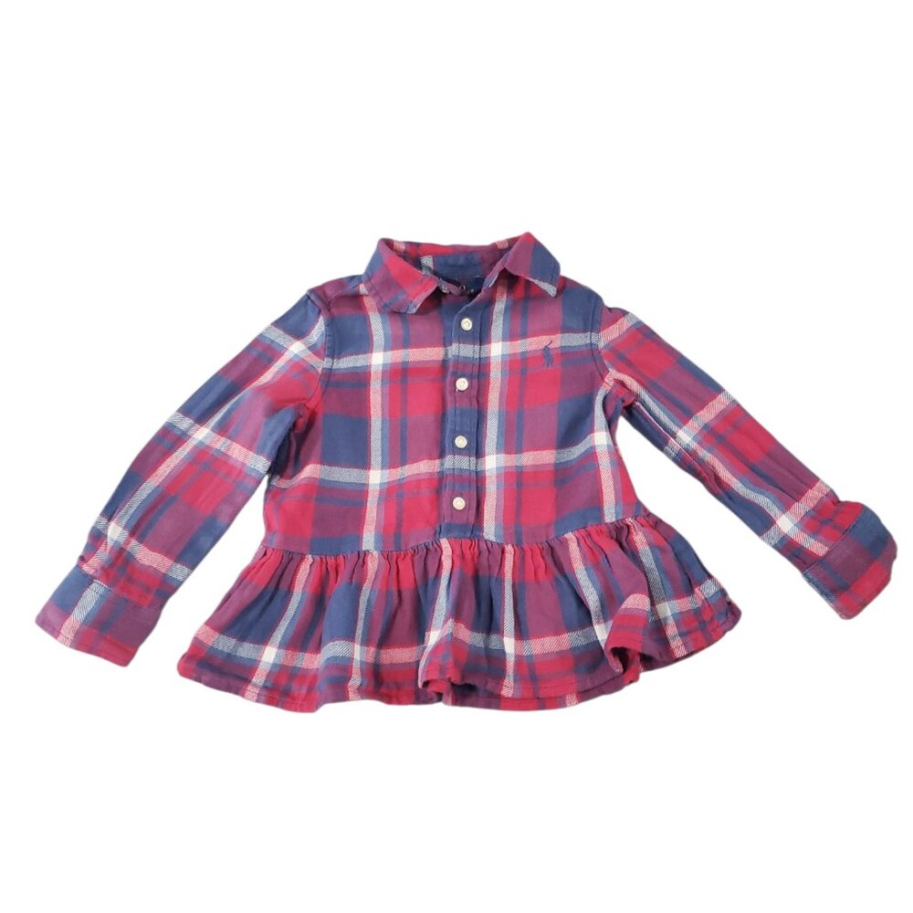 Polo by Ralph Lauren Pink and Blue Plaid Button-Down Peplum Top